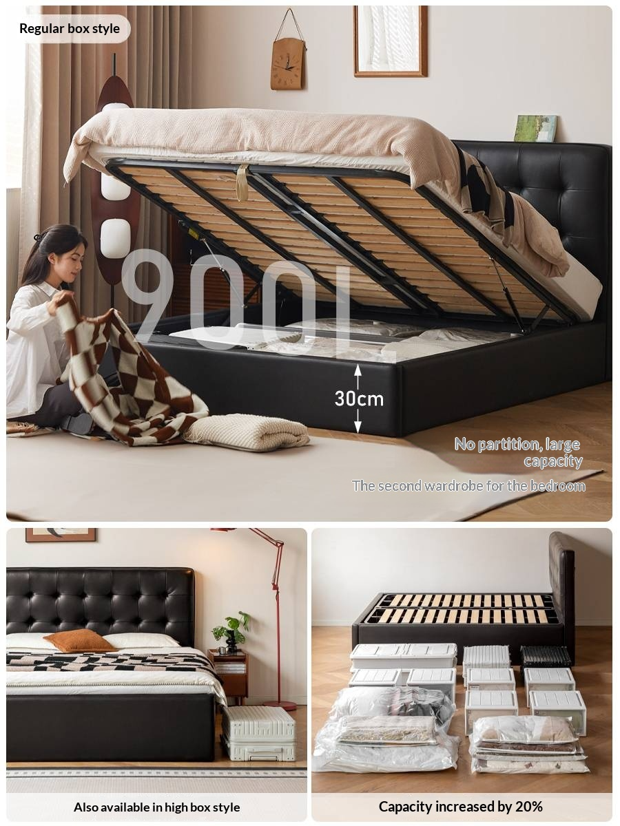 Genuine Leather Retro Box Bed — Black Upholstered, Simple Design