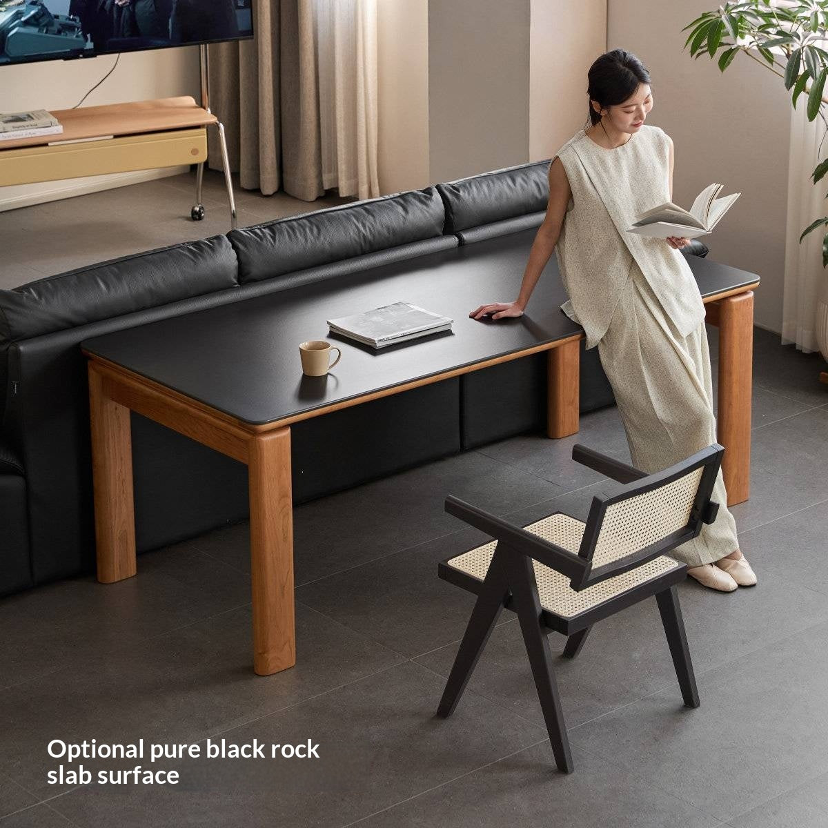 Cherry Solid Wood Vintage Style Slab Dining Table with Sintered Stone Top