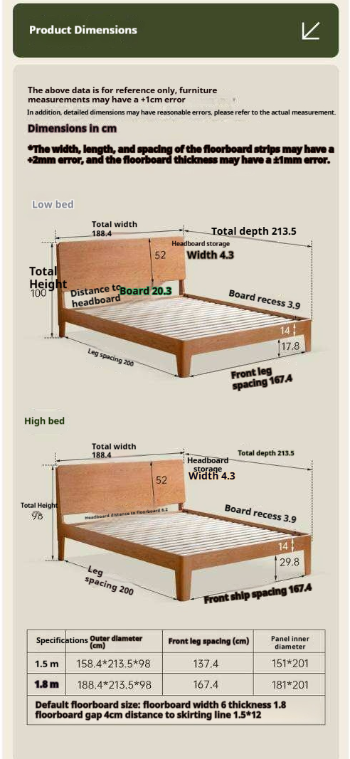 Cherry Solid Wood Platform Bed with Slightly Reclined Panel Headboard and Tapered Legs