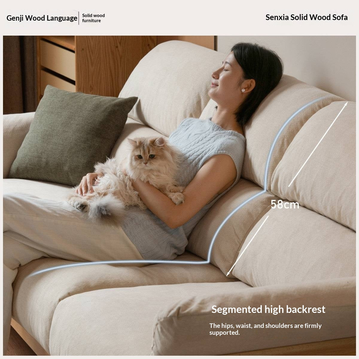 Oak Solid Wood Fabric Sofa, Couch with High Back Cushions, Durable Pet-Friendly Upholstery