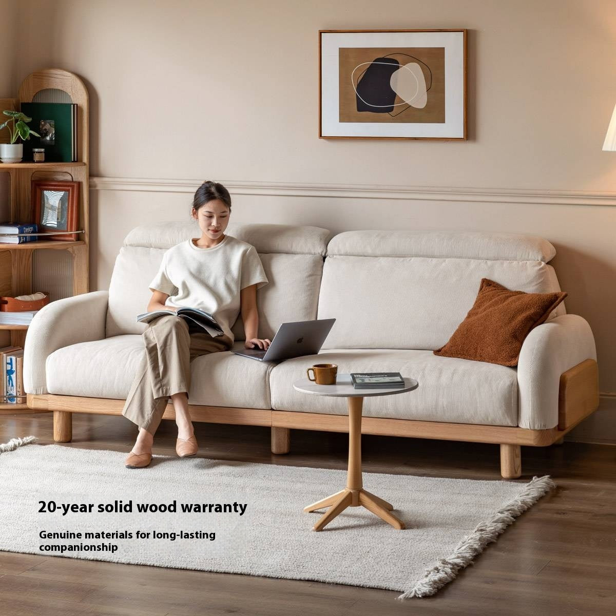 Oak Solid Wood Modern Casual High-Back White Fabric sofa