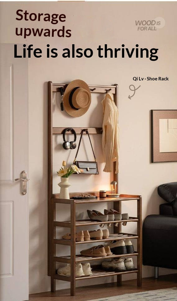 Solid RubberWood Modern Entryway Shoe Rack with Top Shelf and Hooks