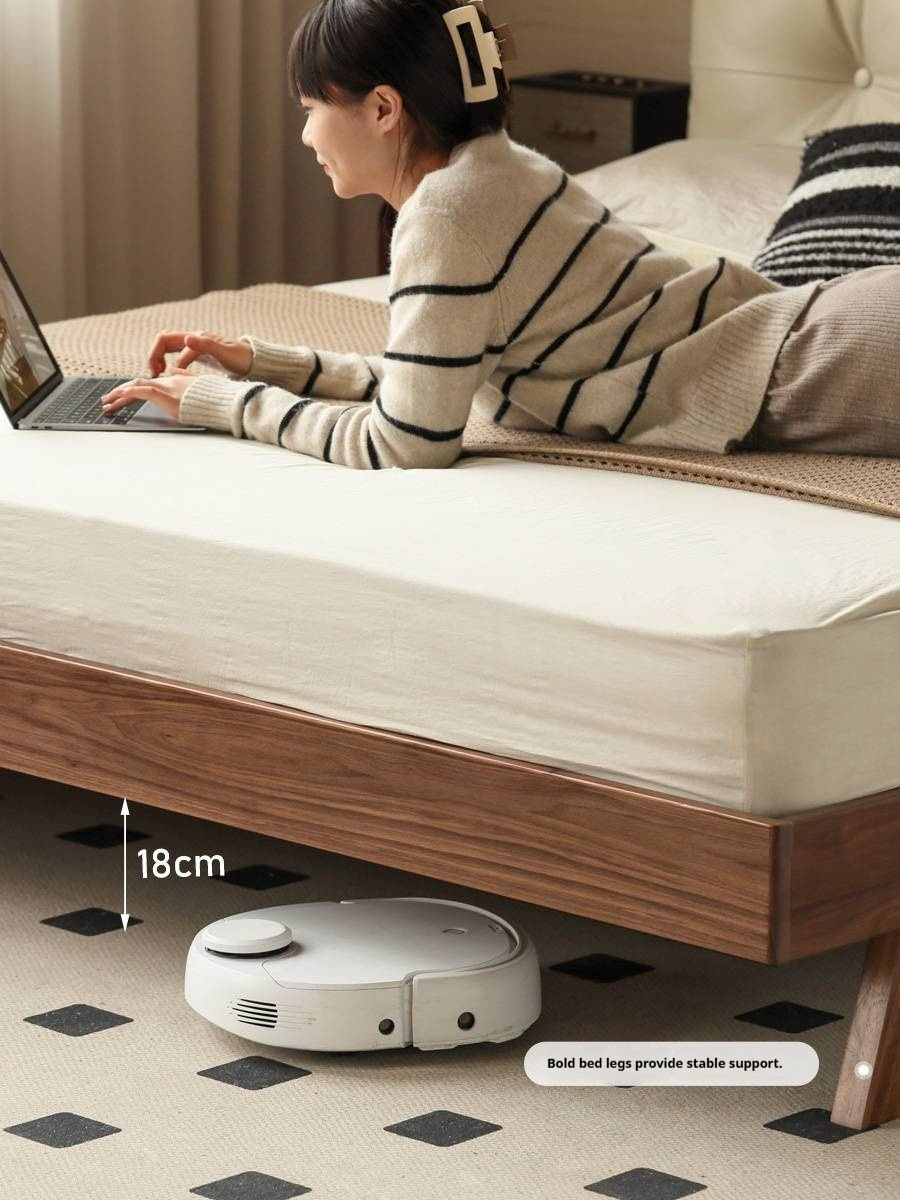 Black Walnut Solid Wood Bed with Top Genuine Leather Upholstery and Nordic High Headboard