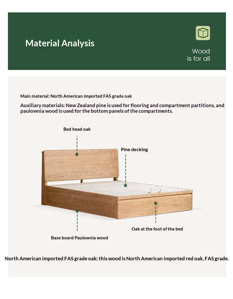 Oak Solid Wood Storage Bed with Hydraulic Lift-Up Frame and drawers