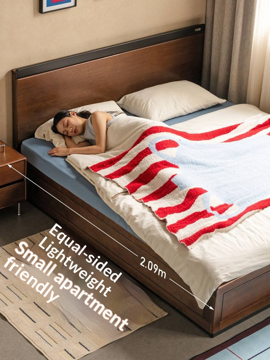 Golden Rosewood Solid Wood Bauhaus Storage Bed with Full Lift-Up Storage Box and Color-Block Headboard