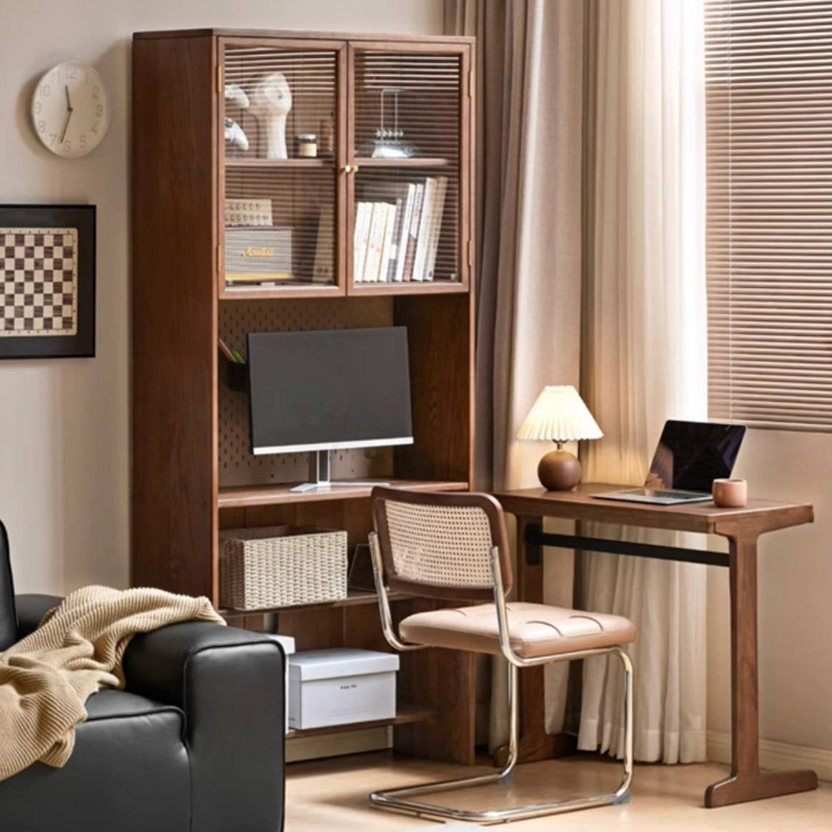 Oak Solid Wood Office Desk With Integrated Bookshelf