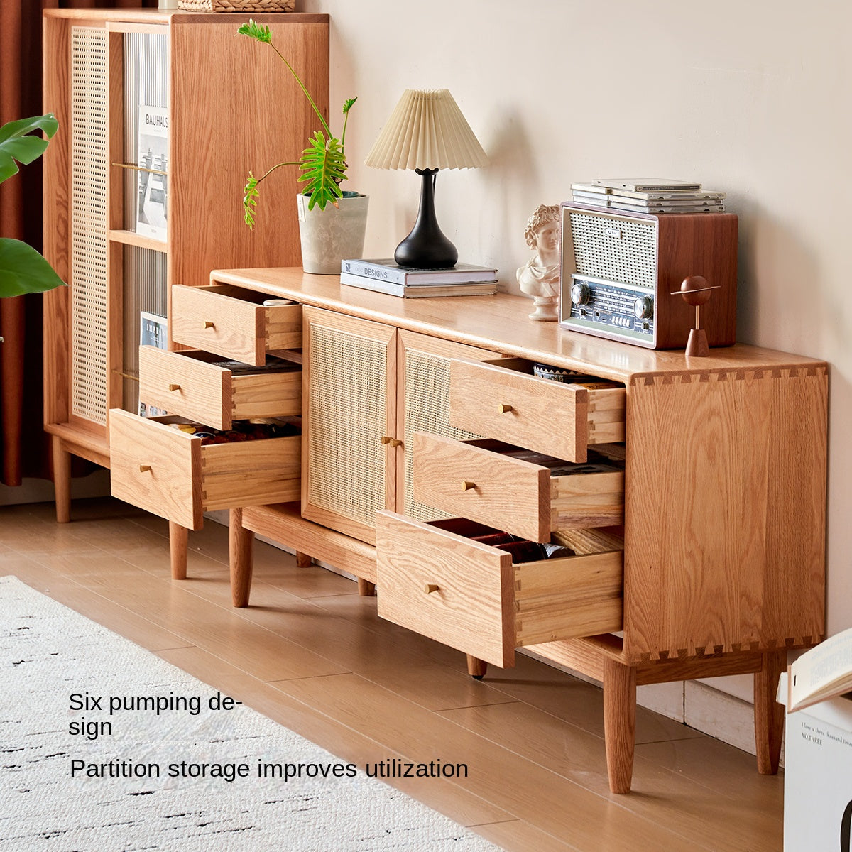 Oak Solid Wood Rattan Modern TV Cabinet.