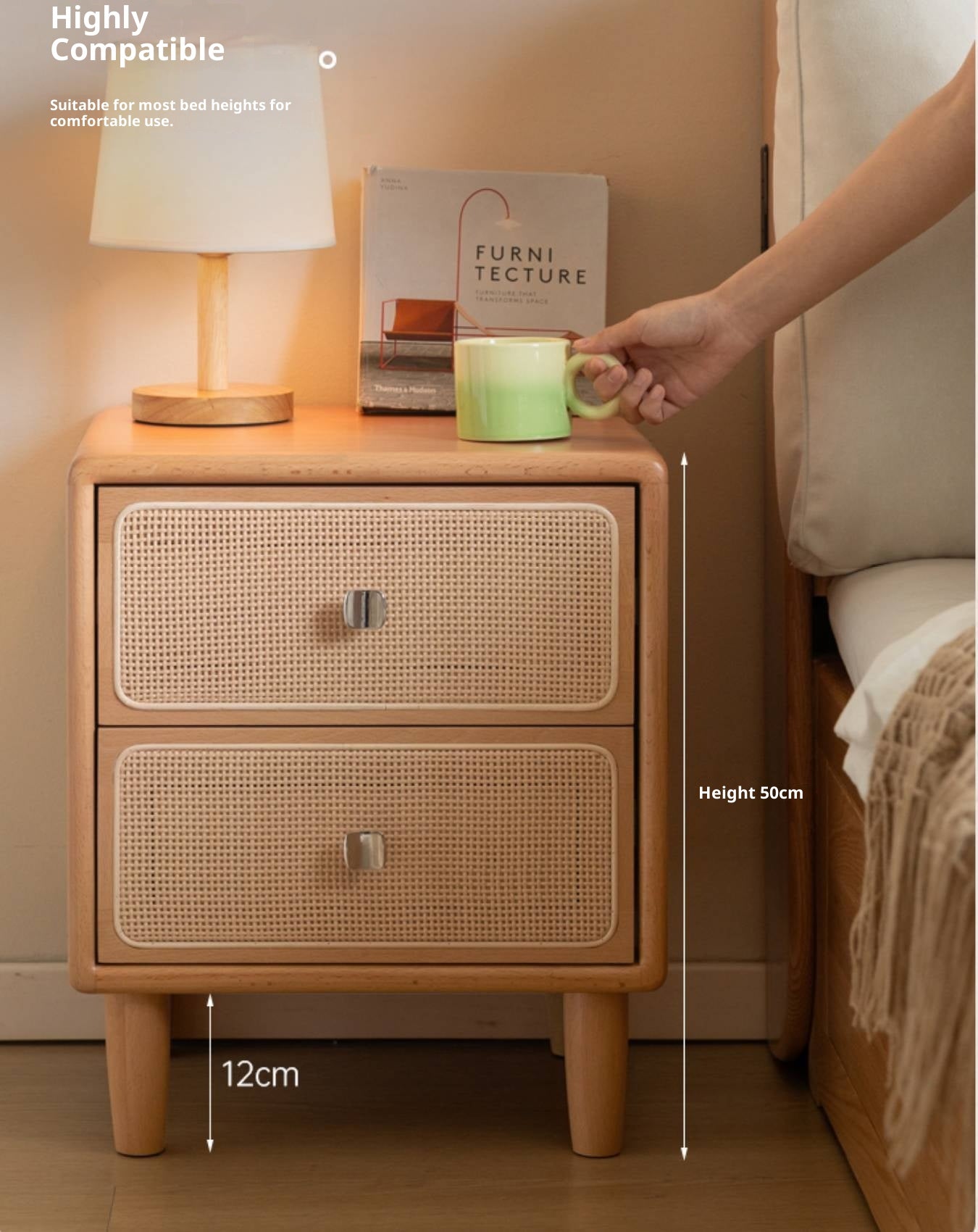 Beech Solid Wood Rattan Log Style Nightstand