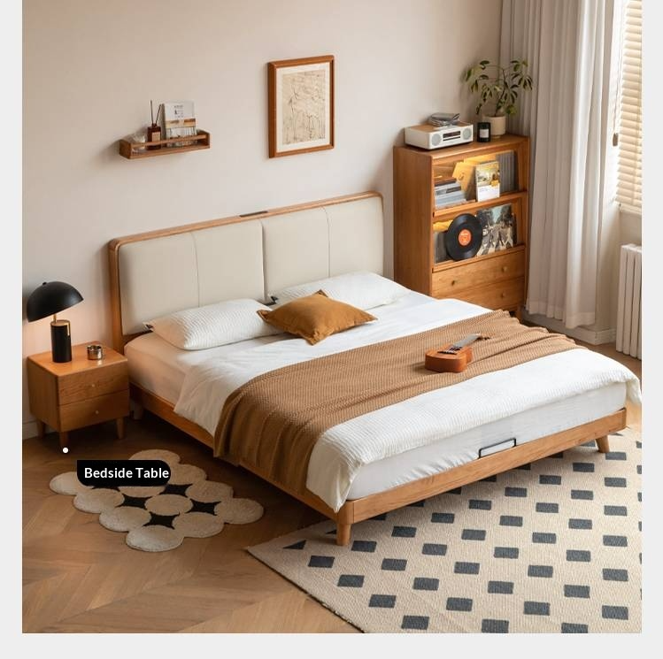 Cherry Solid Wood Bed with Top Layer Cowhide Soft Headboard Retro Style