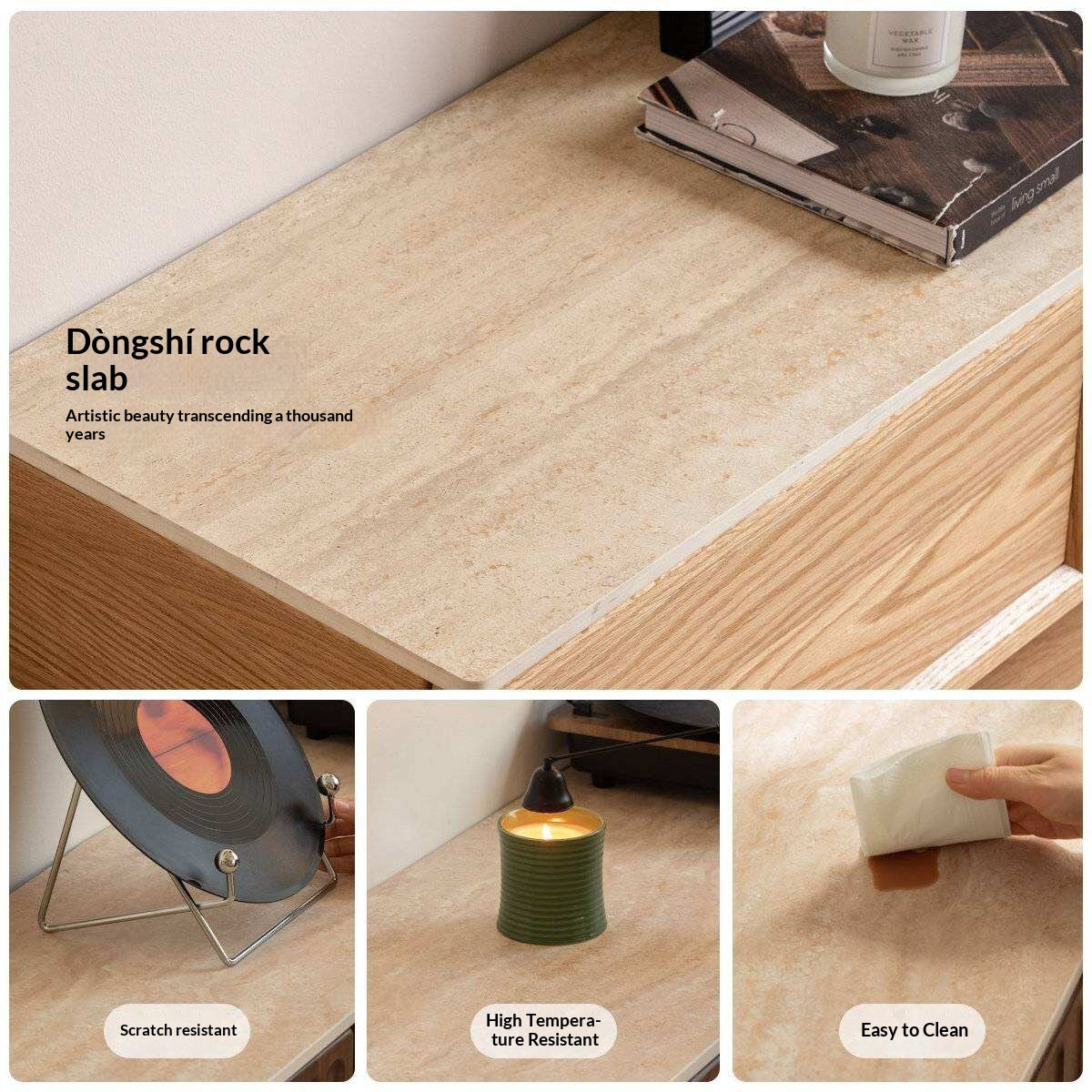 Oak Solid Wood TV Stand with Integrated Storage and Stone Top Panel