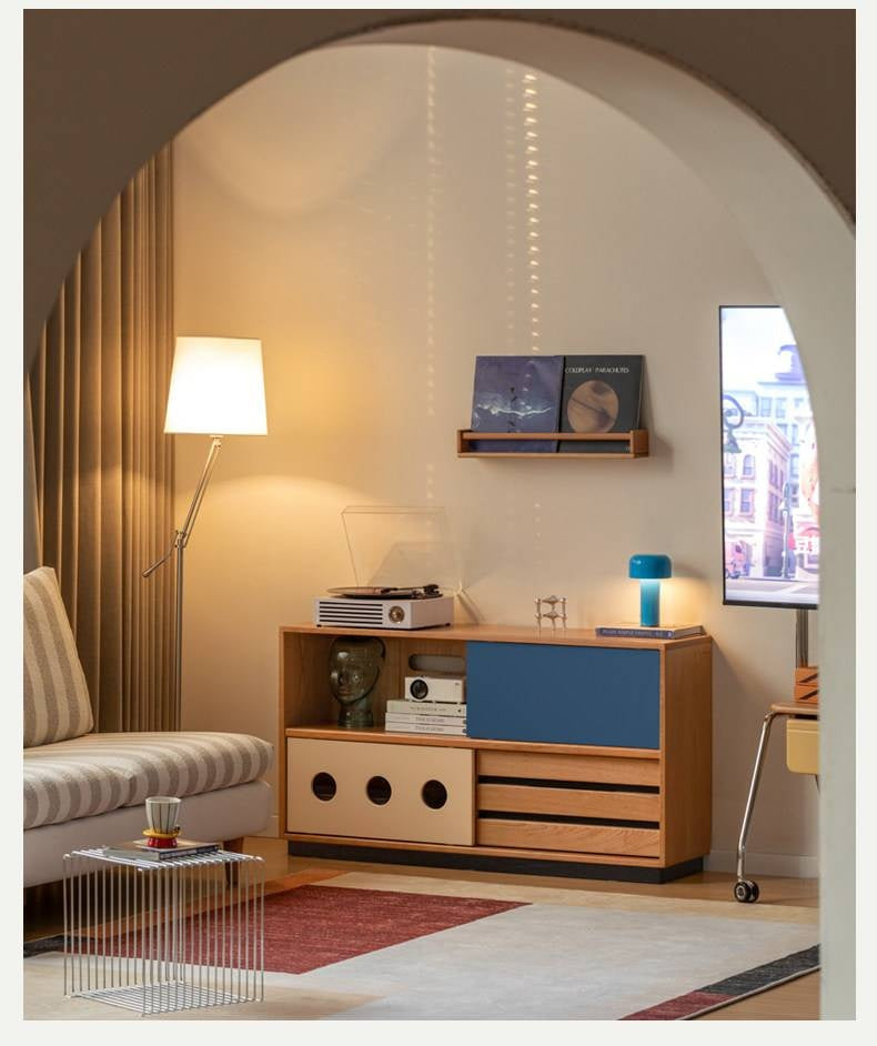 Cherry Solid Wood Vintage TV Stand with Wall-Mounted Tall Cabinet Design