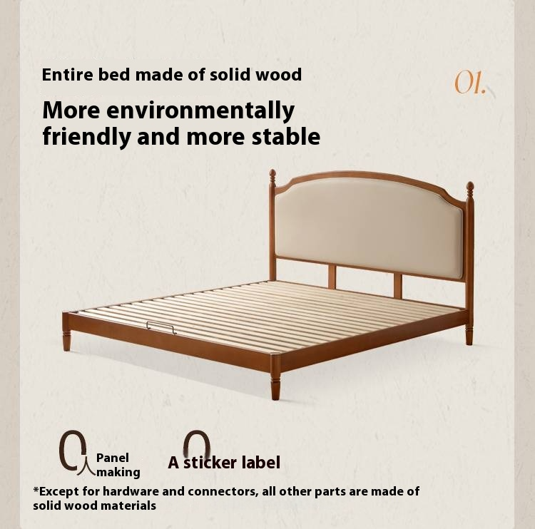 Poplar Solid Wood Bed – French Retro Design with Soft Fabric Upholstery