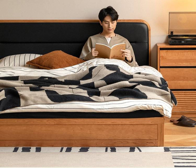 Cherry Solid Wood Box Bed — Vintage Style with Soft Backrest