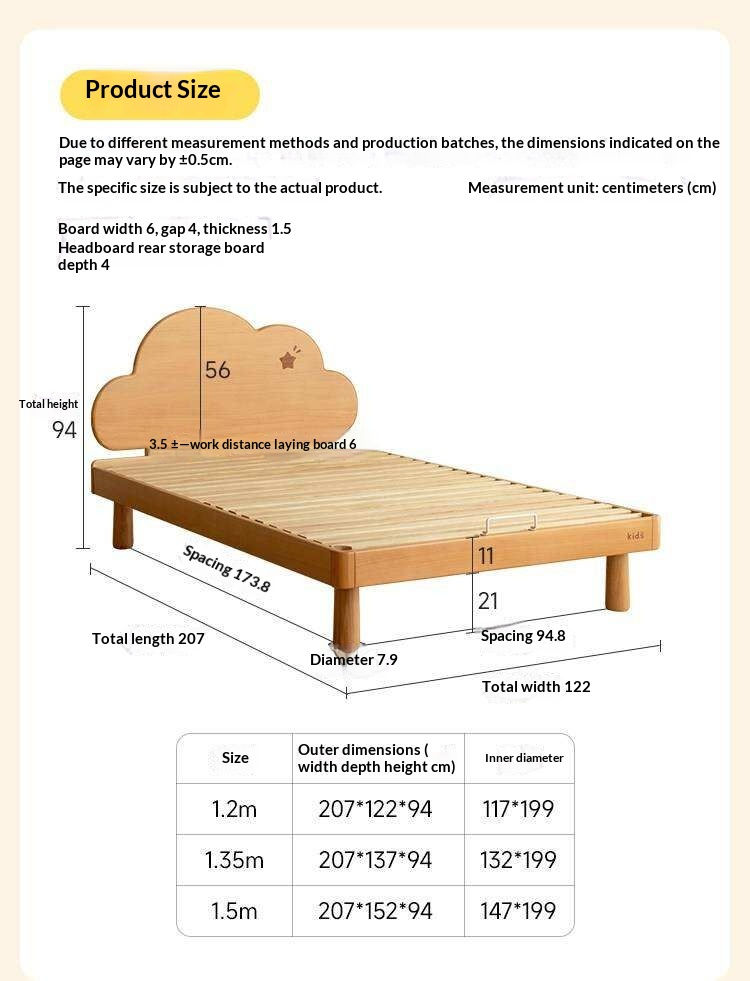 Beech Solid Wood Kids Montessori Platform Bed with Cloud Headboard