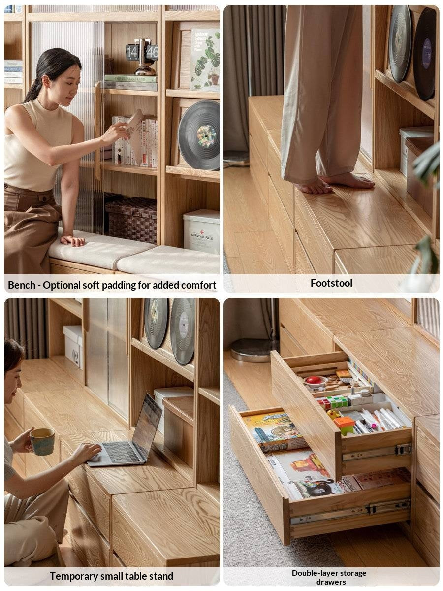 Ash Solid Wood Wall-Mounted Bookcase with Integrated Study Shelf