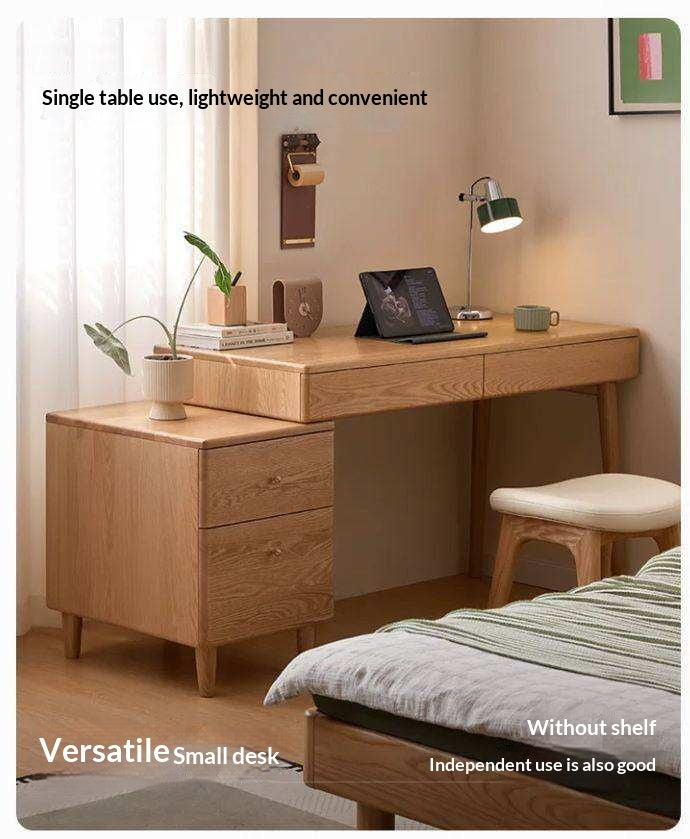 Oak Solid Wood Corner Office Desk with Integrated Bookshelf