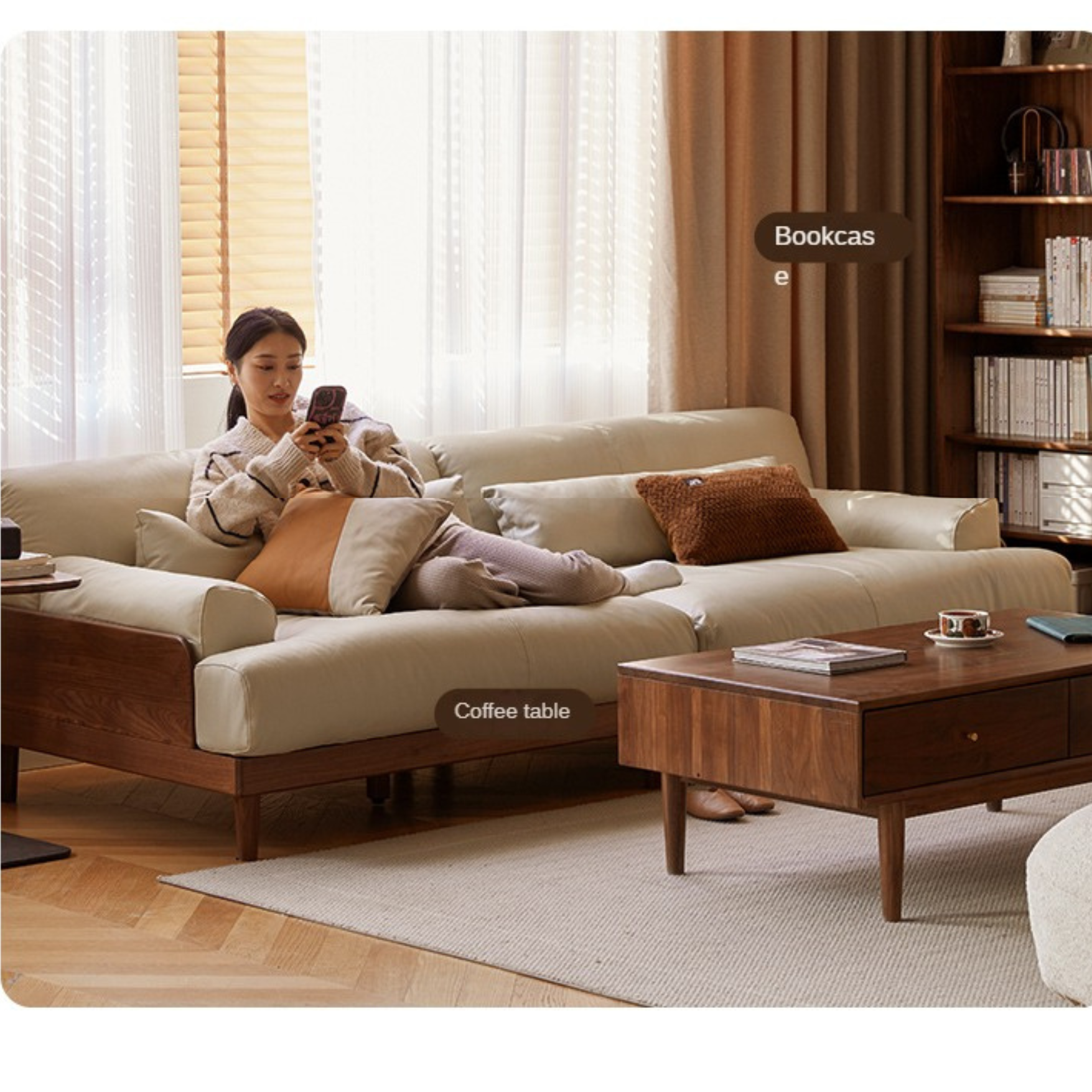 Black Walnut, Oak Solid Wood Leather Down Sofa.