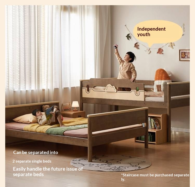 Rubberwood Solid Wood Castle-Inspired Bunk Bed with Cloud Cutout Guardrail