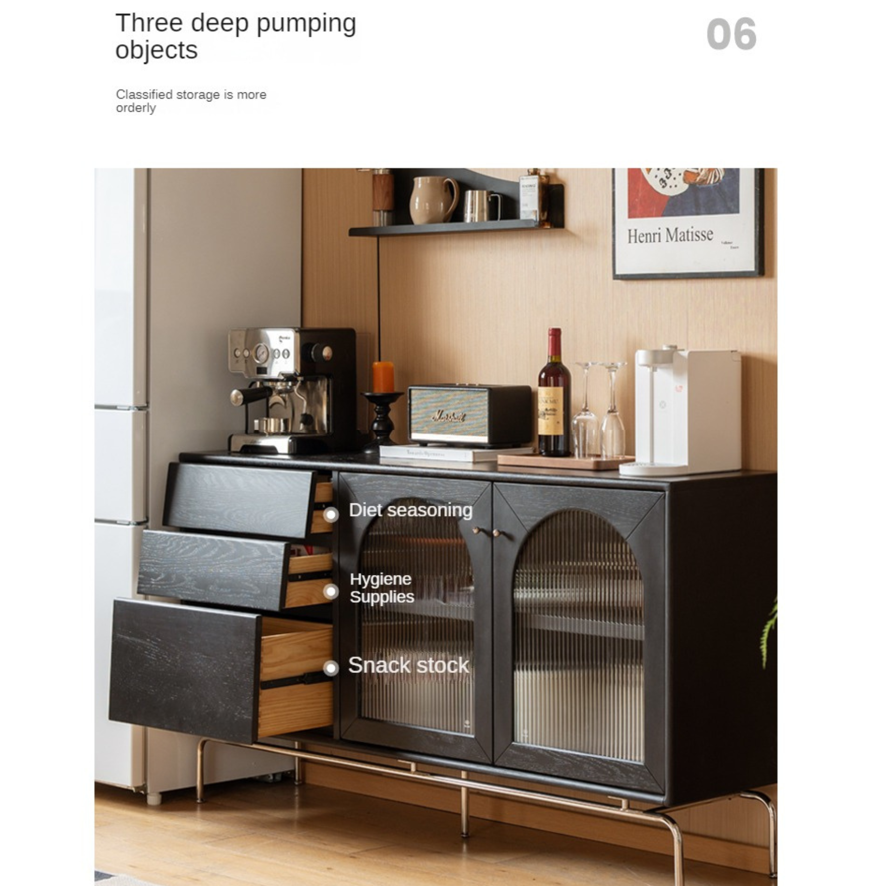 Solid Rubberwood, Oak Solid Wood French Retro Sideboard Black Glass