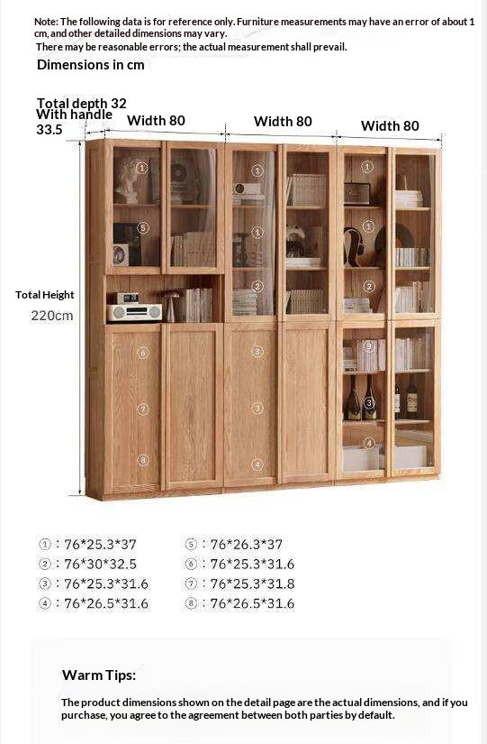 Oak Solid Wood Bookcase with Glass Doors, Large Oak Storage Cabinet for Living Room Display