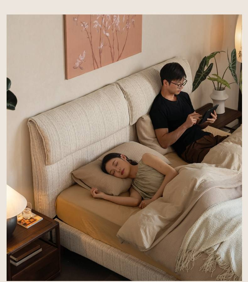 Fabric Beige Soft Bed Modern Style