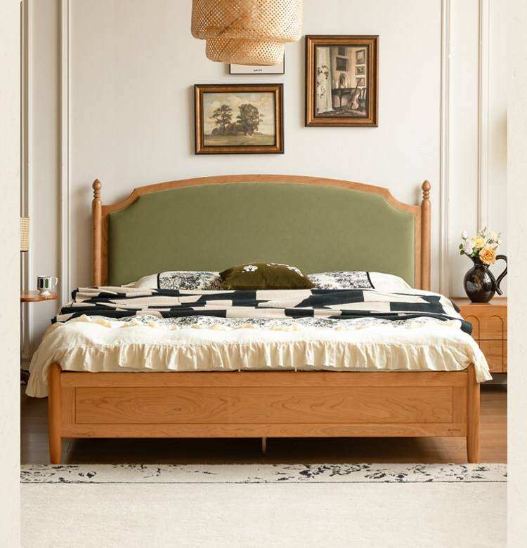 Cherry Solid Wood Box Bed with French Country Arched Upholstered Headboard and Spindle Posts