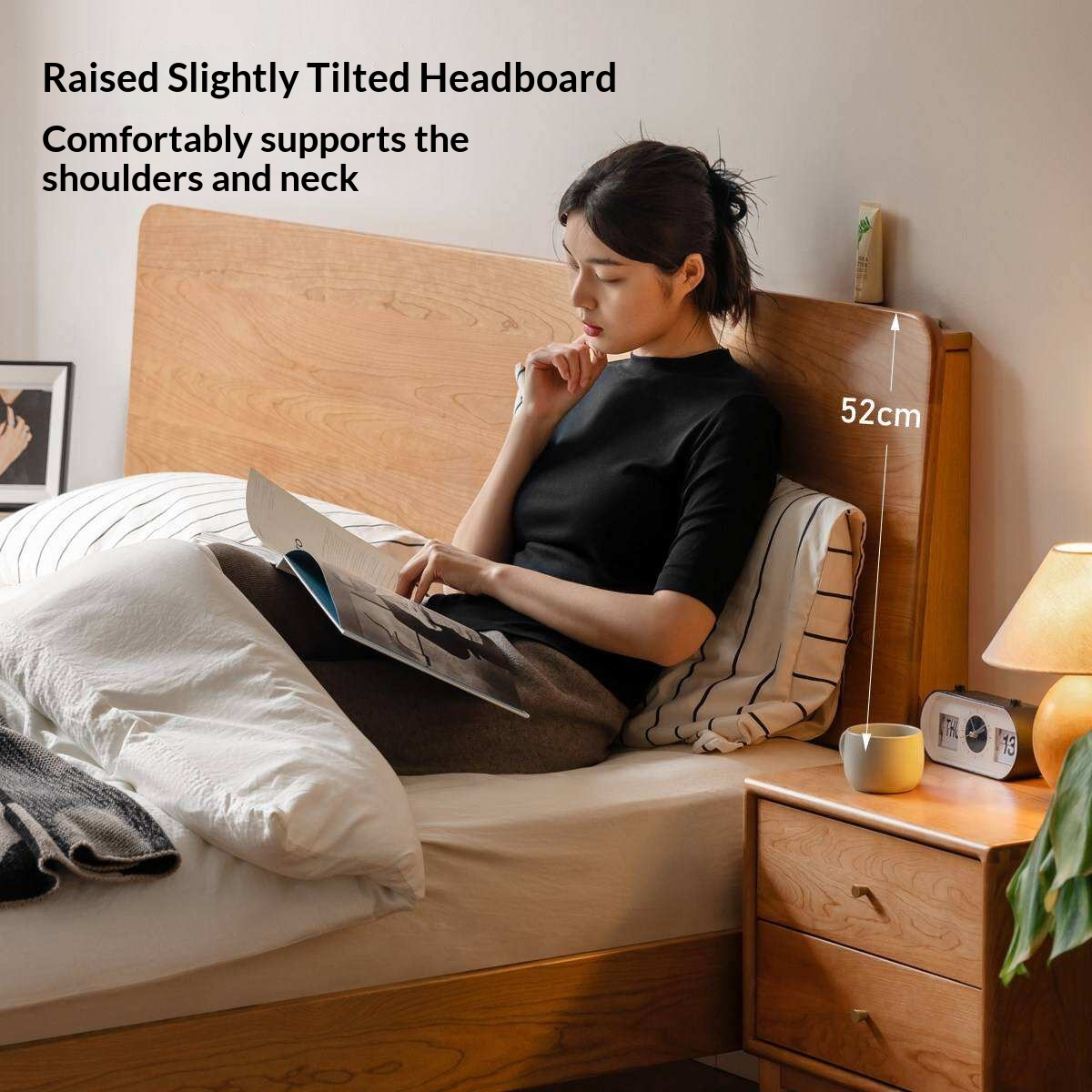 Cherry Solid Wood Platform Bed with Slightly Reclined Panel Headboard and Tapered Legs
