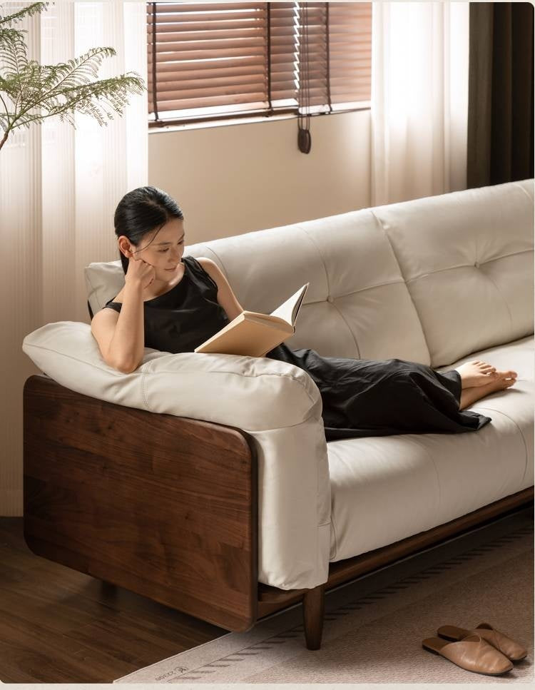 Black Walnut, Oak Solid Wood Genuine Leather Sofa Italian-Inspired