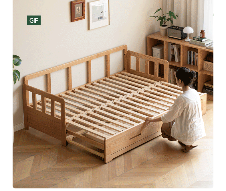Oak Solid Wood Sofa Bed Folding Retractable Storage.