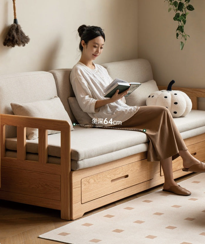 Oak Solid Wood Sofa Bed Folding Retractable Storage.