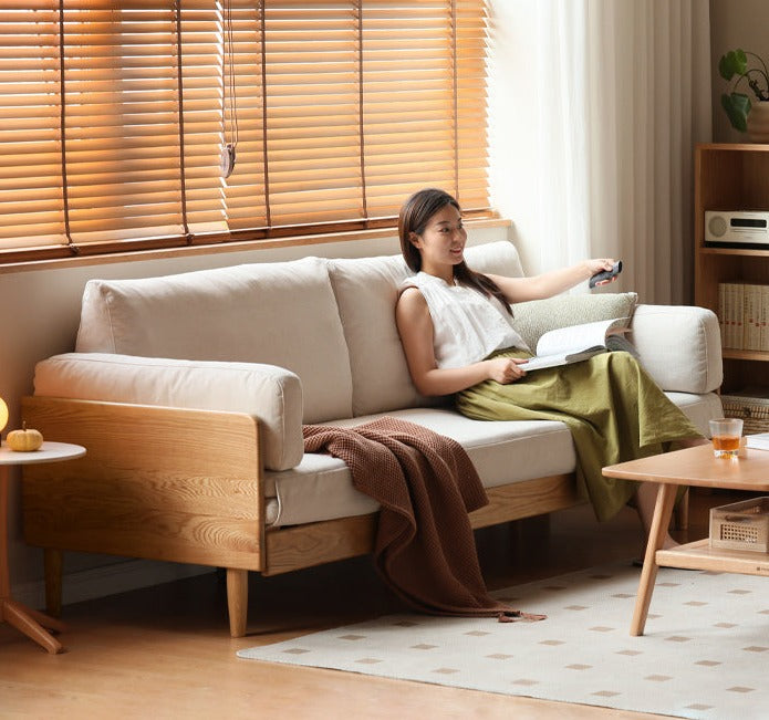 Oak Solid Wood Sofa Bed Folding White Goose Feather Cushions: