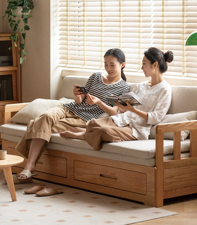 Oak Solid Wood Sofa Bed Folding Retractable Storage.