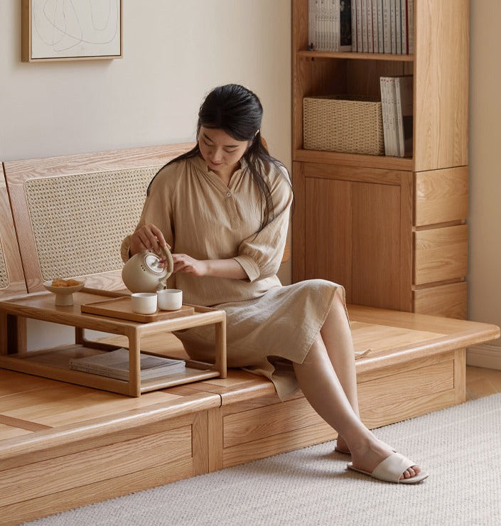 Oak Solid Wood dual-use Fabric Storage Sofa.