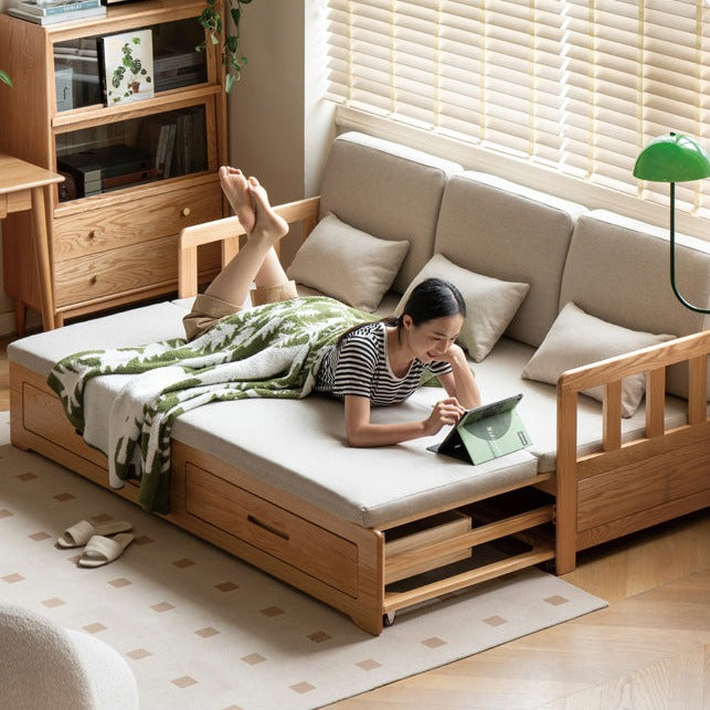 Oak Solid Wood Sofa Bed Folding Retractable Storage.