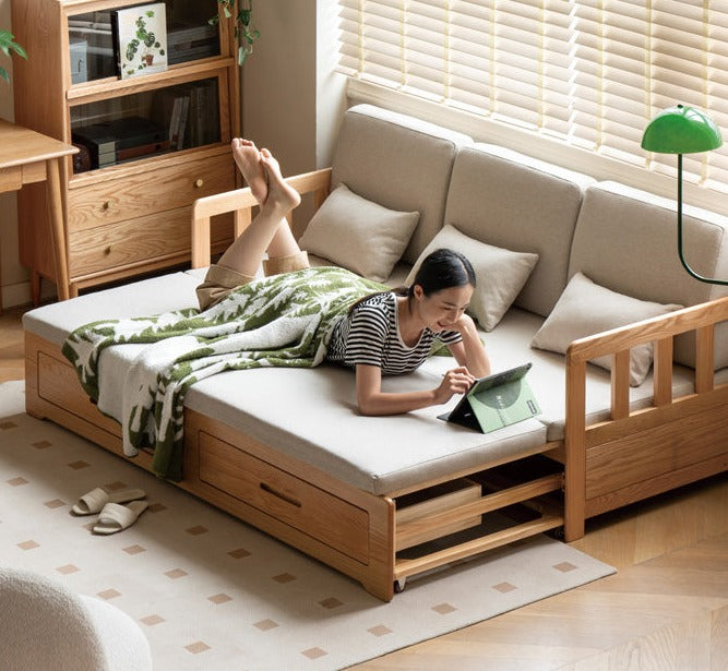 Oak Solid Wood Sofa Bed Folding Retractable Storage.