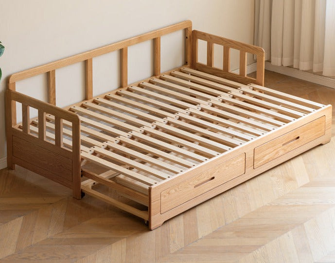 Oak Solid Wood Sofa Bed Folding Retractable Storage.