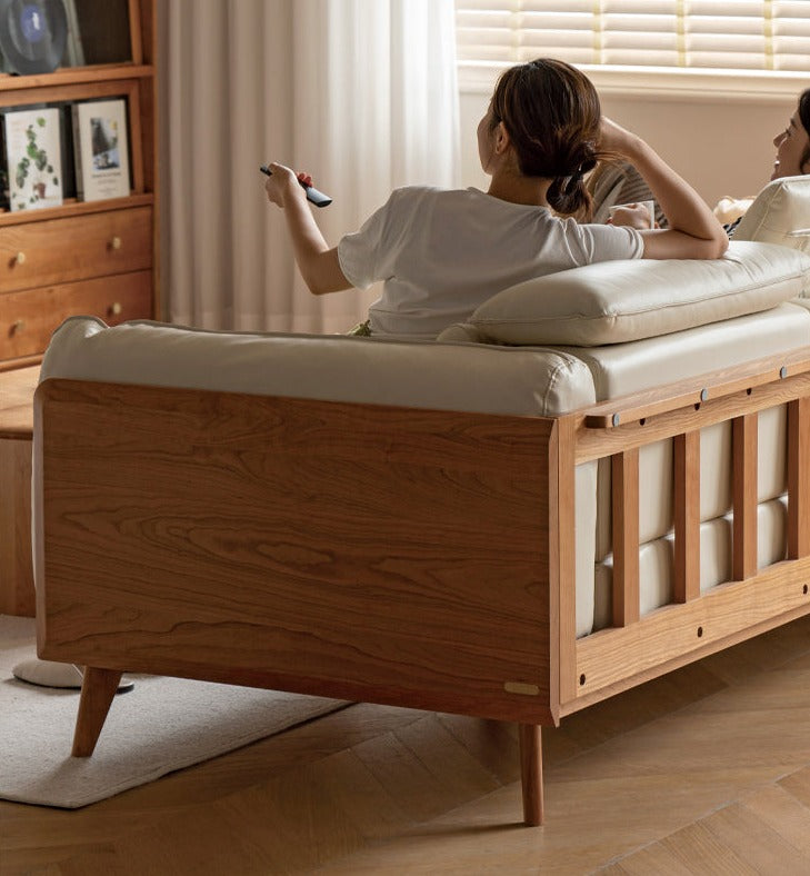 Cherry Solid Wood Black Label Leather Down Sofa.