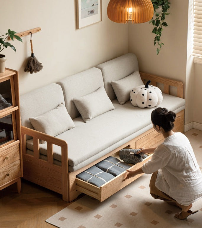 Oak Solid Wood Sofa Bed Folding Retractable Storage.