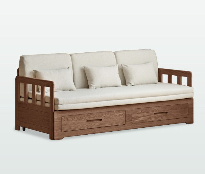 Oak Solid Wood Sofa Bed Folding Retractable Storage.
