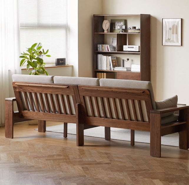 Black Walnut, Sandalwood Solid Wood Fabric Sofa with Raised Legs, Winter/Summer Use