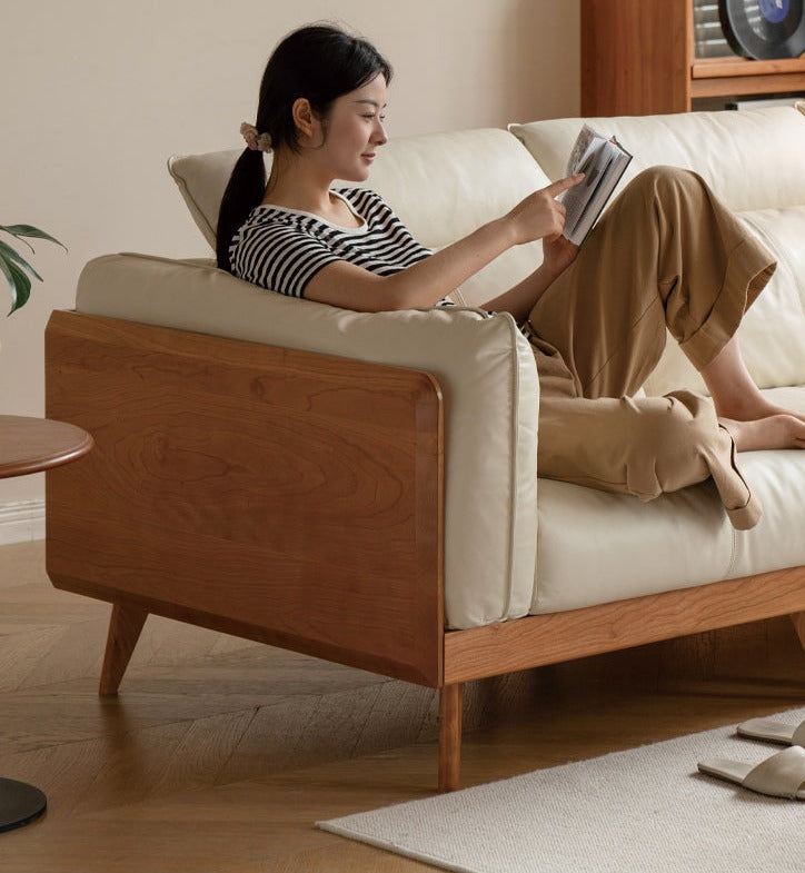 Cherry Solid Wood Black Label Leather Down Sofa.