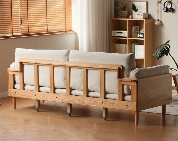 Oak Solid Wood Sofa Bed Folding White Goose Feather Cushions.