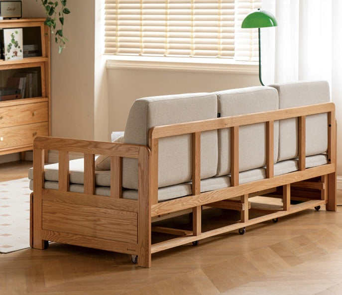 Oak Solid Wood Sofa Bed Folding Retractable Storage.