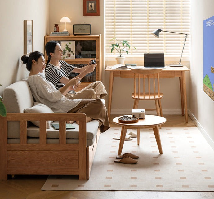 Oak Solid Wood Sofa Bed Folding Retractable Storage.