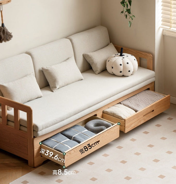 Oak Solid Wood Sofa Bed Folding Retractable Storage.