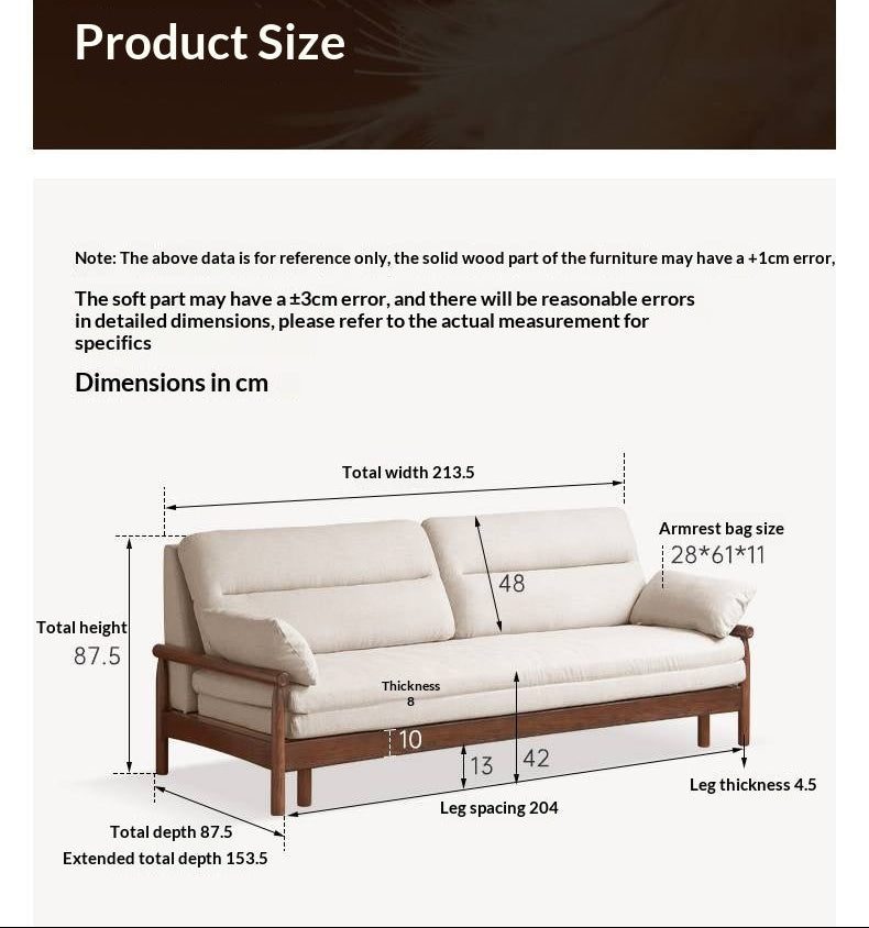 Oak Solid Wood Wood Frame Sleeper Sofa with Reclining Backrest