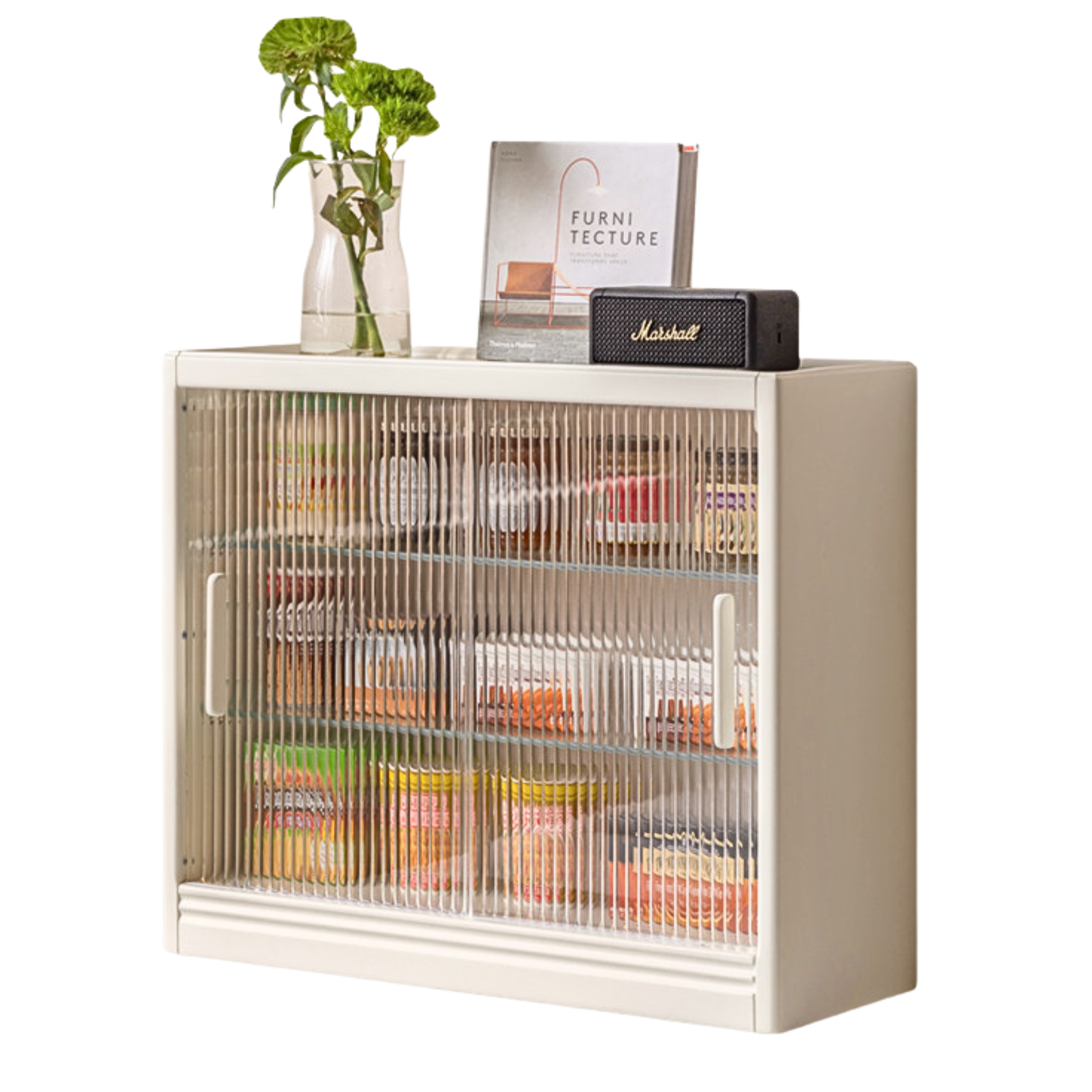 Solid Rubberwood Desktop Storage Cabinet Glass Sliding Door