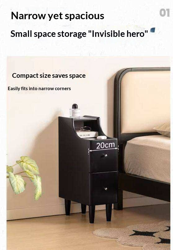Solid RubberWood Ultra-Narrow Nightstand Storage Cabinet