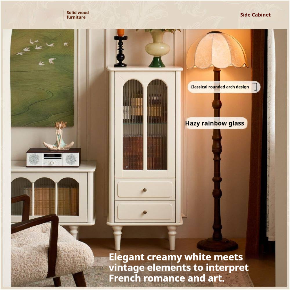 Solid RubberWood French Accent Cabinet with Round Arch Glass Doors and Turned Legs