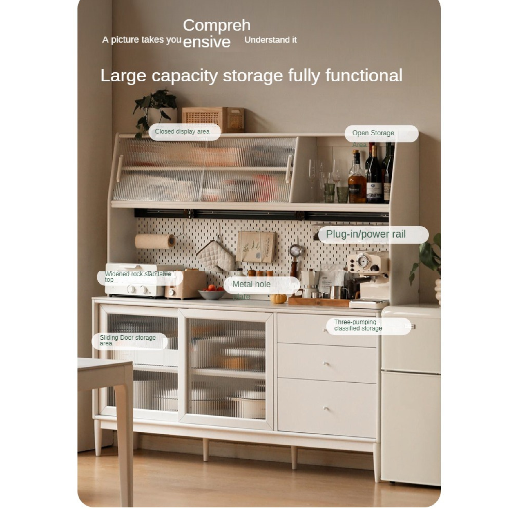 Solid RubberWood Dining Sideboard Cream Style Against The Wall Integrated